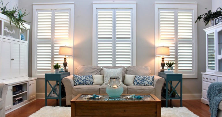 Clearwater lounge plantation shutters